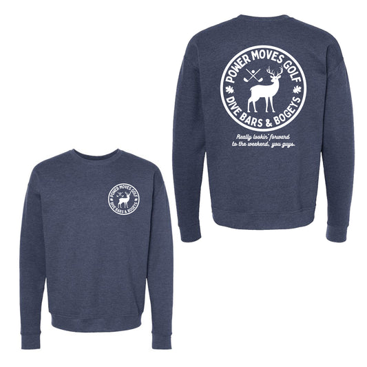 Power Moves Deer Crewneck - Navy Heather White Print Version