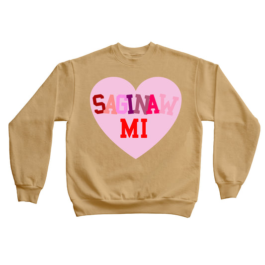 SAGINAW STAGGERED HEART CREWNECK - BISCUIT BROWN